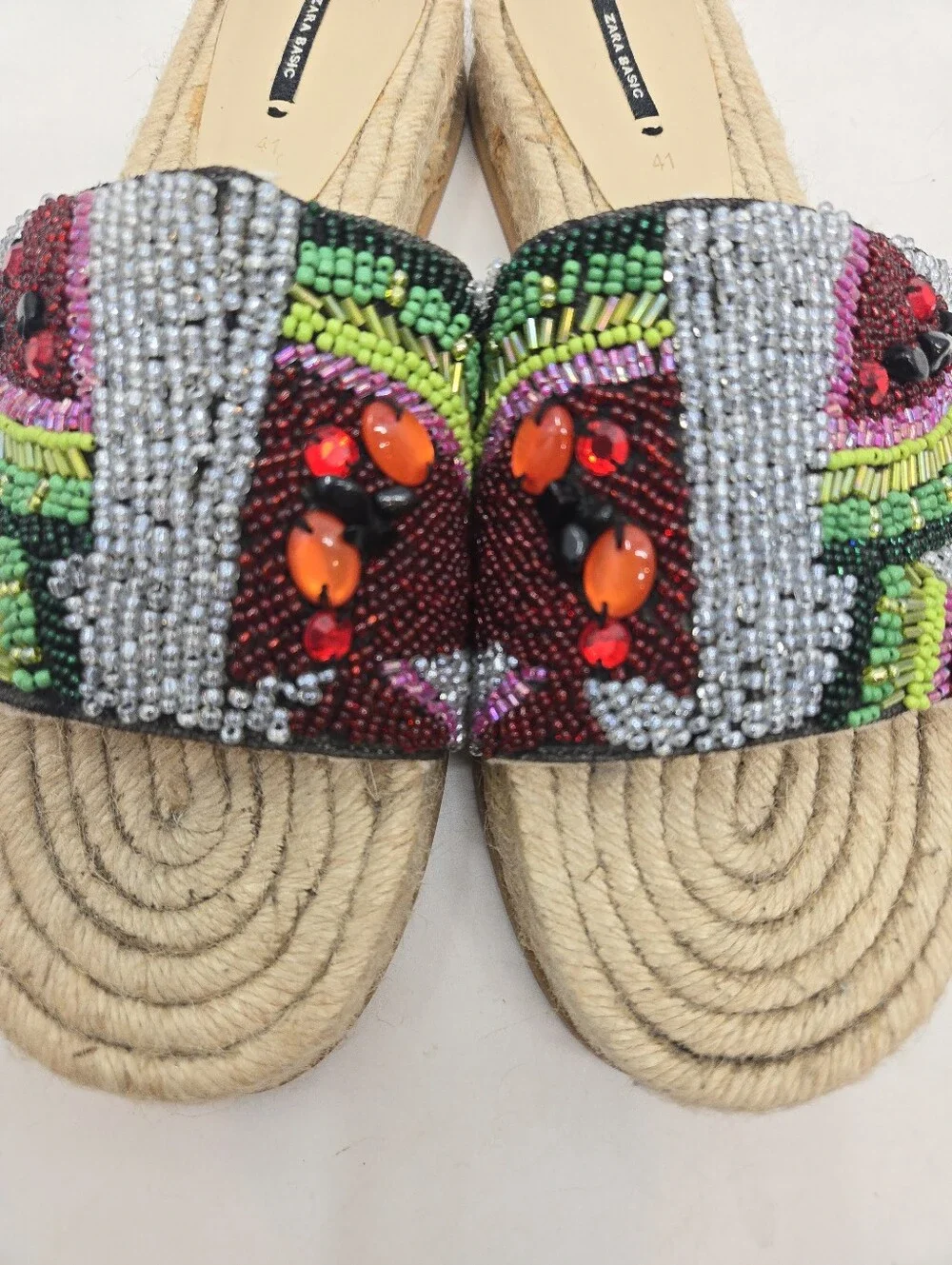 Zara Beaded Multicolor Slide Sandals Espadrille Woven Sole - Picture 4 of 14